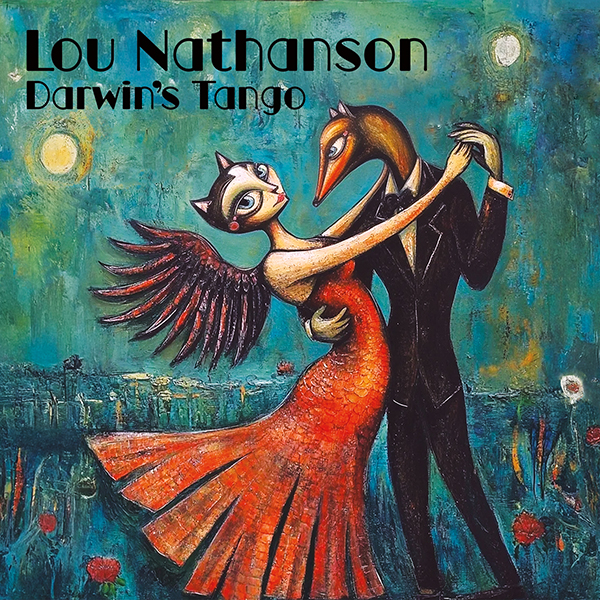 Cover art for Darwin's Tango by Lou Nathanson.Two mutants: A winged cat-woman in a red evening gown and a fox in a black tuxedo dance the tango in a Monet-inspired landscape.