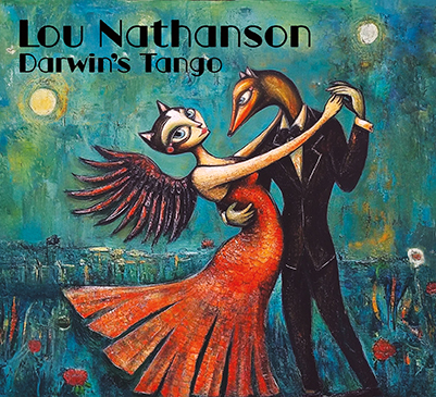 Cover art for Darwin's Tango by Lou Nathanson.Two mutants:  A winged cat-woman in a red evening gown and a fox in a black tuxedo dance the tango.