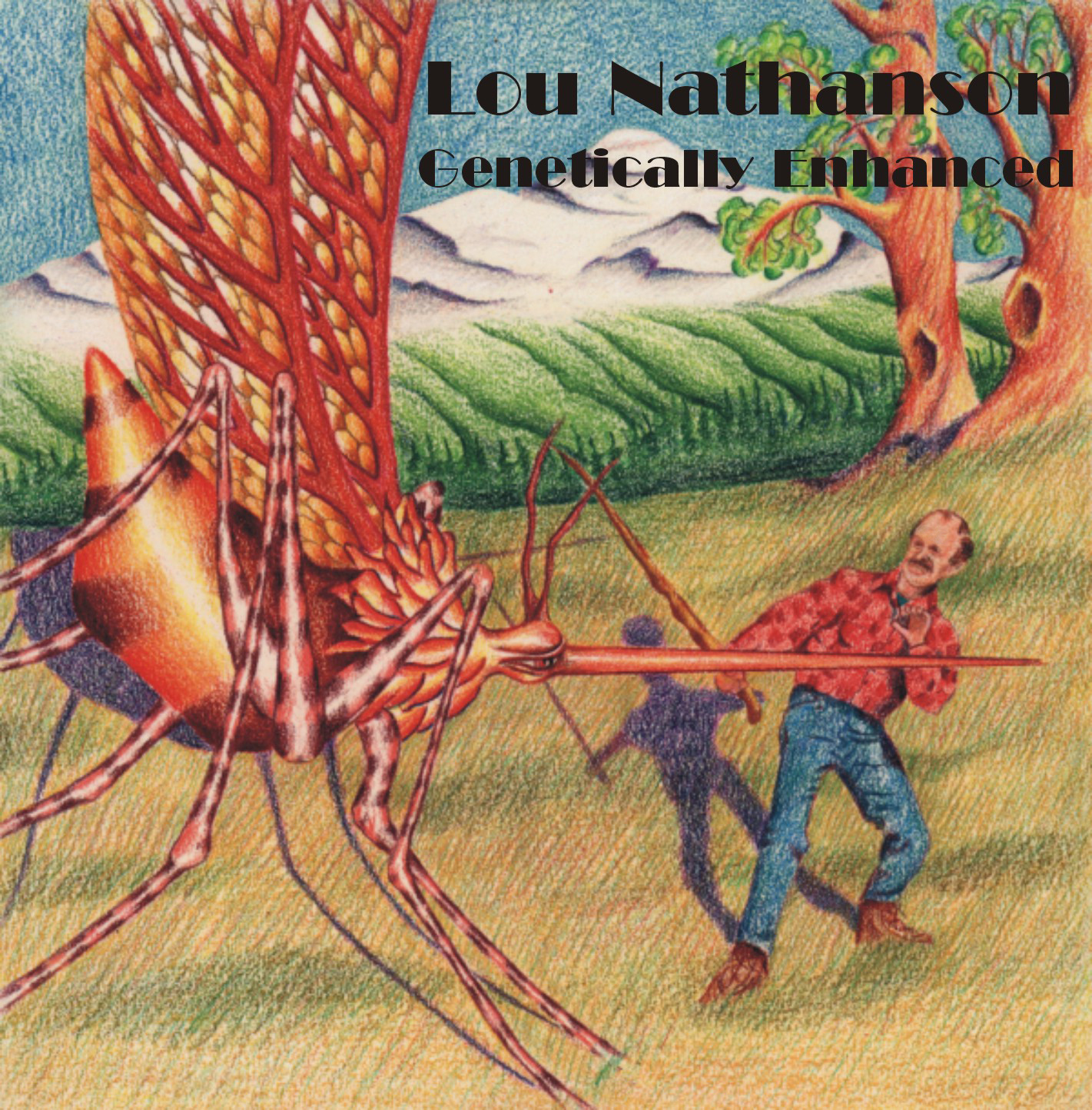 Cover art for Genetically Enhanced by Lou Nathanson. A colored pencil drawing of Lou fighting a giant mosquito in an Alaskan mountain landscape.